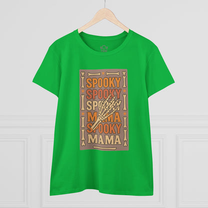 Front view of the Spooky Mama Tee in green displaying a playful skeleton hand design, perfect for adding a spooky touch to your wardrobe.