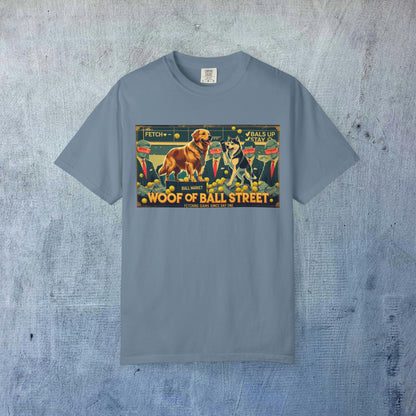 Sleek Woof of Ball Street T-Shirt in light blue, featuring a whimsical dog design, made from 100% cotton for exceptional comfort and a sleek look.