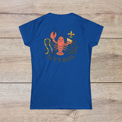 Crawfish Boil Shirt for Women in vibrant blue, showcasing a fun lobster graphic with the text 'LET'S BOIL', ideal for seafood lovers attending summer festivals and NOLA celebrations.