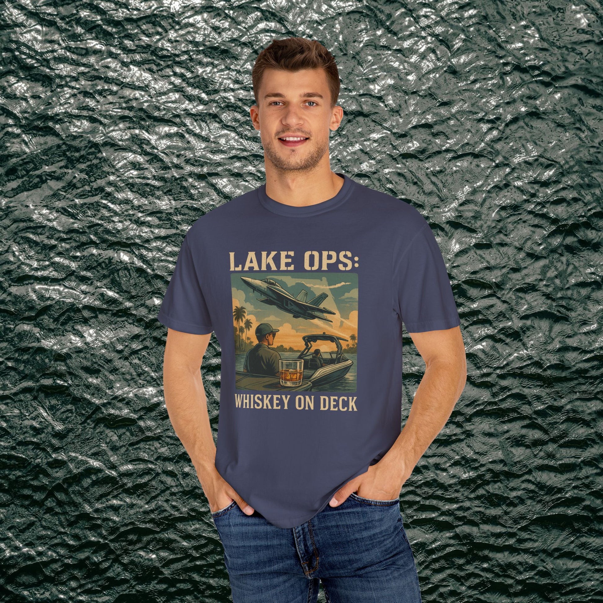 Garment-Dyed Comfort Tee For Adults featuring 'Lake Ops: Whiskey on Deck' print. Crafted from high-quality 100% ring-spun cotton, offered in sizes S-4XL and 58 cheerful colors, ideal for everyday wear.