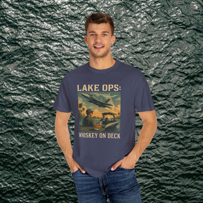 Garment-Dyed Comfort Tee For Adults featuring 'Lake Ops: Whiskey on Deck' print. Crafted from high-quality 100% ring-spun cotton, offered in sizes S-4XL and 58 cheerful colors, ideal for everyday wear.