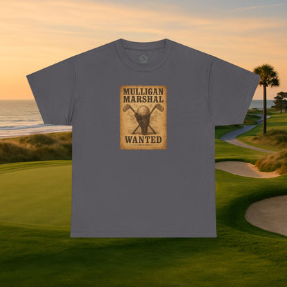 Funny Mulligan Marshal Wanted Golf Tee Shirt in gray, perfect casual summer wear for golf lovers. Ideal for on and off the golf course.