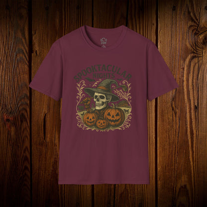 Spooktacular Nights Halloween T-Shirt for Unisex featuring a skull and pumpkins design on a maroon background, perfect graphic costume top for fall parties.