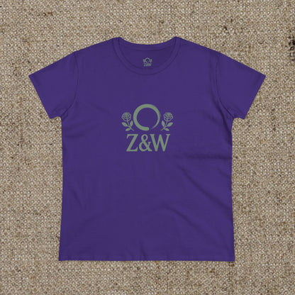 ZenAndWhiskey Classic 100% Cotton Tee in purple, highlighting a trendy Z&W logo adorned with roses, perfect for casual outings.
