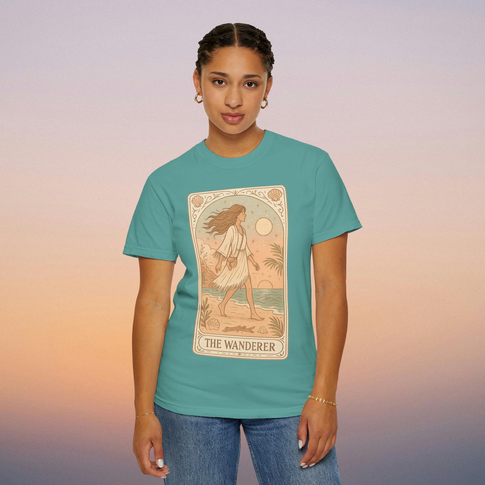 Wanderer Tarot Graphic Tee in teal color, featuring a mystical design of a wanderer, ethically made from 100% cotton, available in sizes S to 4XL, ideal for unique style and comfort.