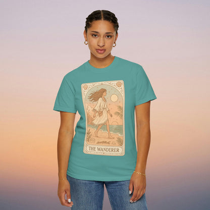 Wanderer Tarot Graphic Tee in teal color, featuring a mystical design of a wanderer, ethically made from 100% cotton, available in sizes S to 4XL, ideal for unique style and comfort.