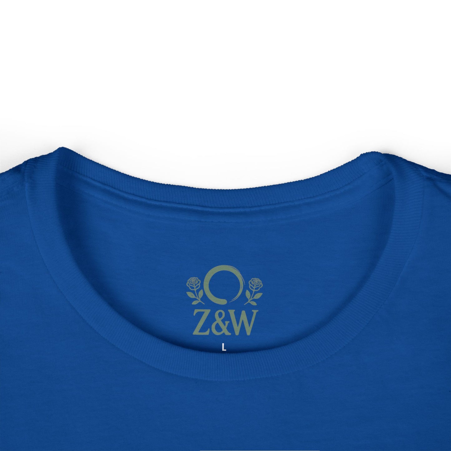Close-up of the neckline of the Cozy Plant Guitar Sweatshirt in blue, showing the intricate embroidery for personalization.