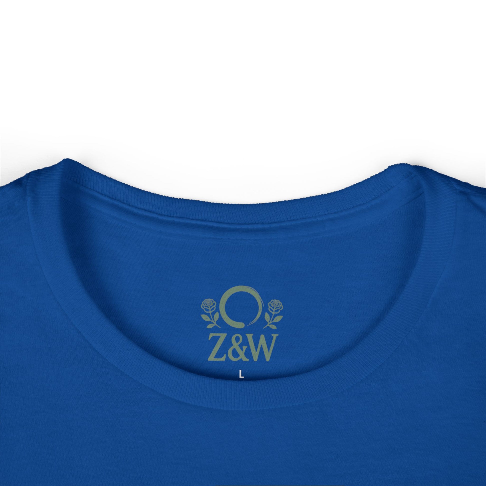Close-up of the neckline of the Cozy Plant Guitar Sweatshirt in blue, showing the intricate embroidery for personalization.
