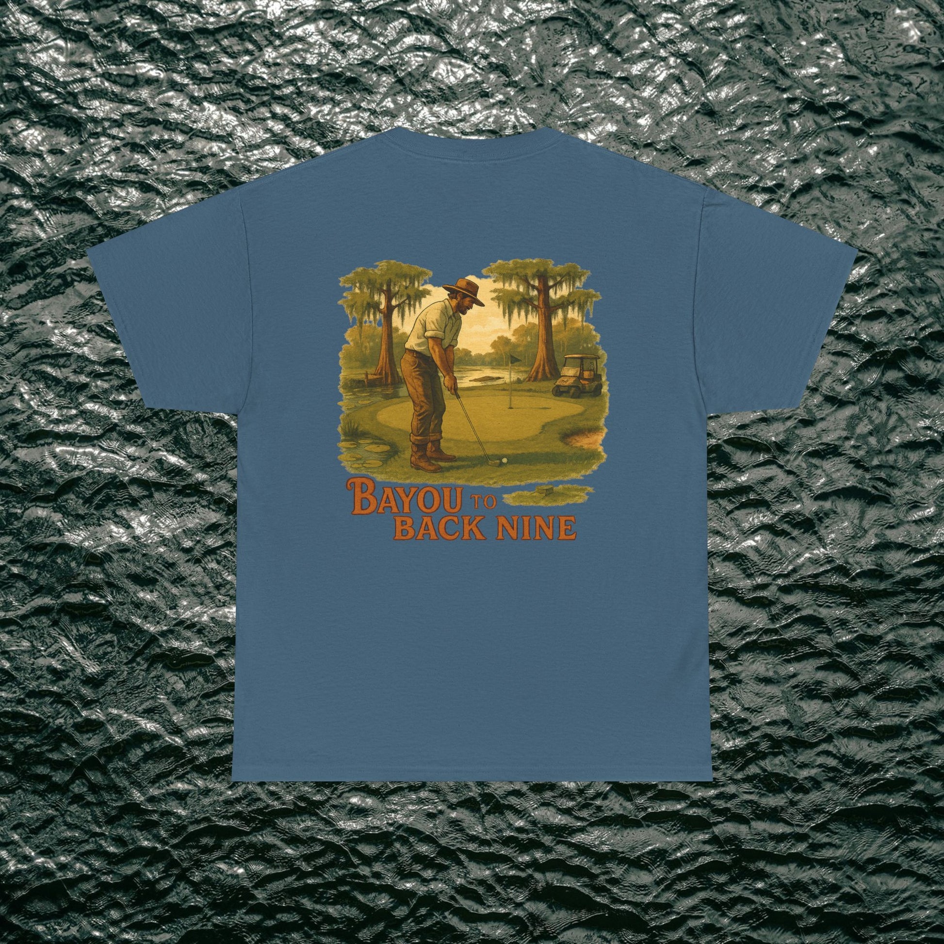 Chic 'Bayou To Back Nine' Softstyle Golf Tee with a retro golfer illustration, ideal for a relaxed and fashionable look.