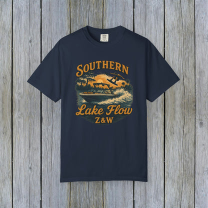 Southern Lake Flow T-Shirt in navy blue, highlighting a stylish graphic of a water skier, made of eco-friendly 100% US cotton, sizes available from S to 4XL.