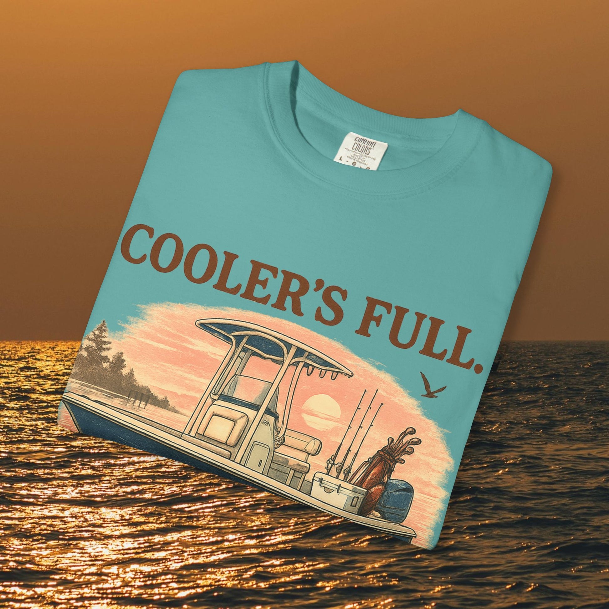Men's & Women's Durable Cotton Full Tee in turquoise featuring a graphic design of a fishing boat and the text 'COOLER'S FULL.', perfect for casual wear.