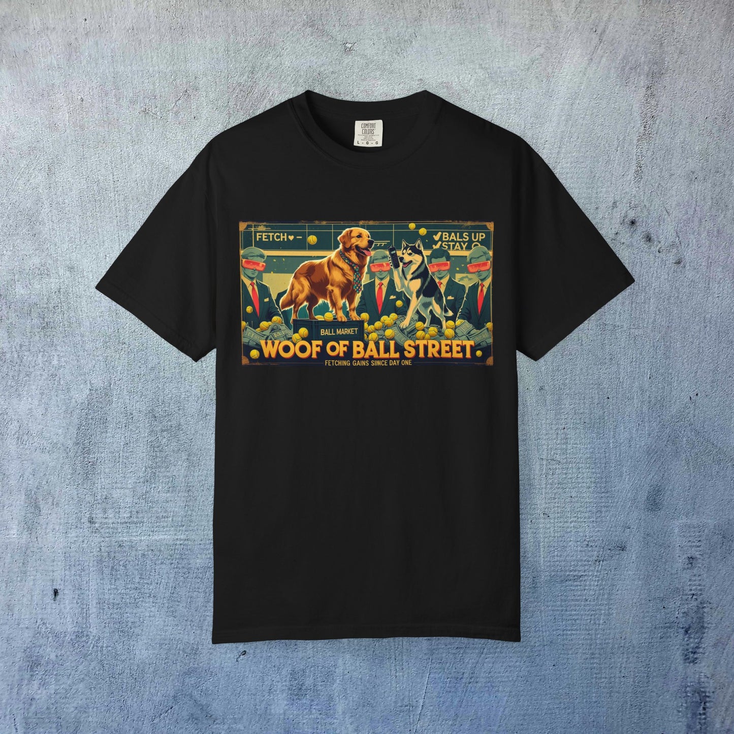 Sleek Woof of Ball Street T-Shirt in black, showcasing a playful dog illustration and the text 'Woof of Ball Street' for a trendy casual look.
