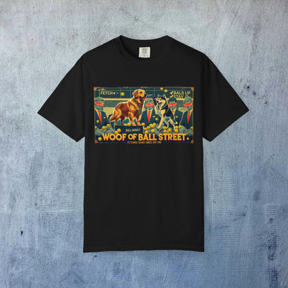 Sleek Woof of Ball Street T-Shirt in black, showcasing a playful dog illustration and the text 'Woof of Ball Street' for a trendy casual look.