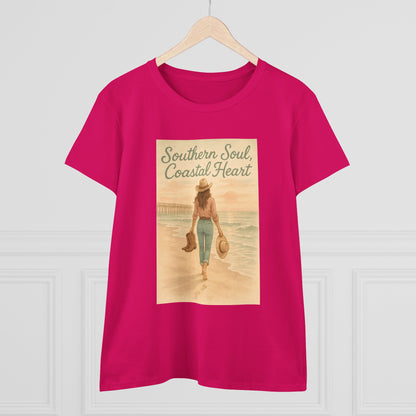 Front view of the bright pink Southern Soul Coated Heart Tee with a charming graphic that reads 'Southern Soul, Coastal Heart,' ideal for fashion-forward individuals.