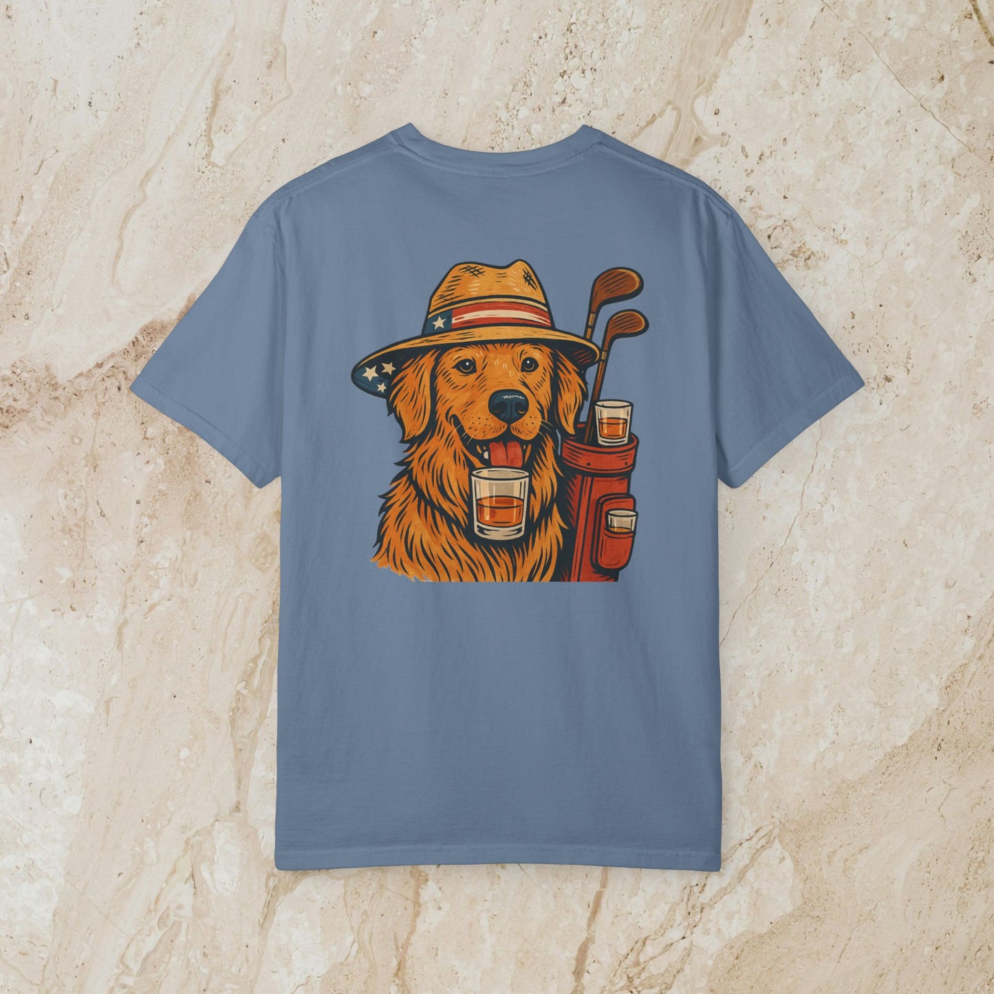Golden Whiskey Dog Tee - Unique Vintage Style, 100% Cotton, Relaxed Fit with Left Chest Pocket in light blue, featuring a golden retriever graphic with whiskey.