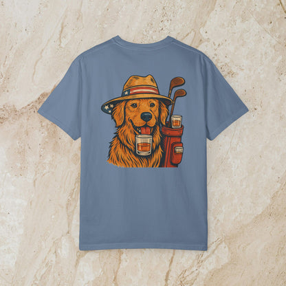 Golden Whiskey Dog Tee - Unique Vintage Style, 100% Cotton, Relaxed Fit with Left Chest Pocket in light blue, featuring a golden retriever graphic with whiskey.