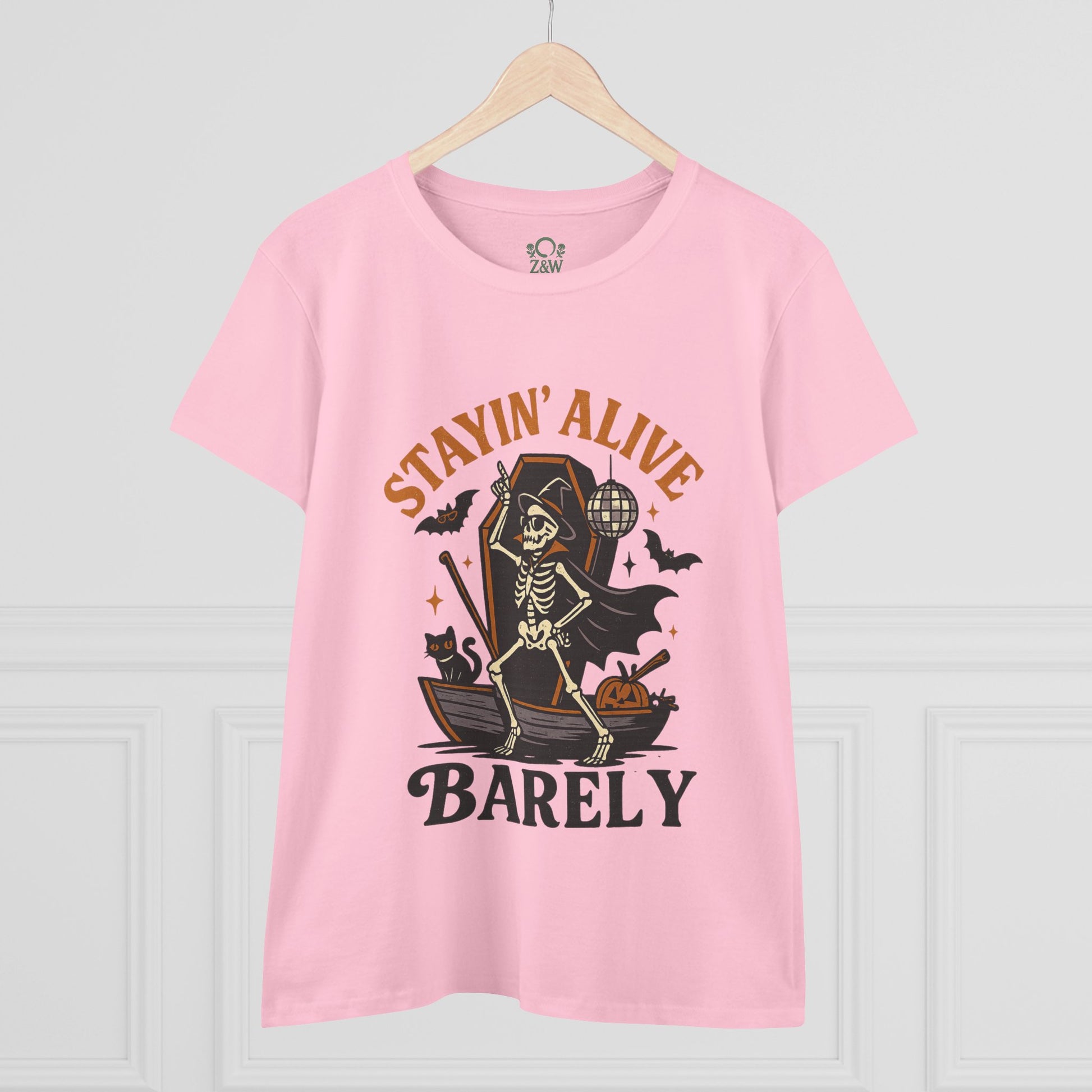 Front view of Stayin’ Alive T-Shirt in pink showcasing a fun skeleton design, perfect for Halloween festivities.
