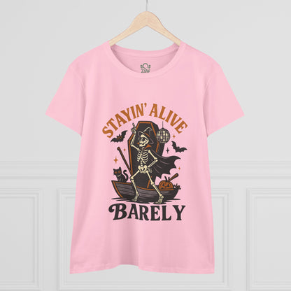 Front view of Stayin’ Alive T-Shirt in pink showcasing a fun skeleton design, perfect for Halloween festivities.