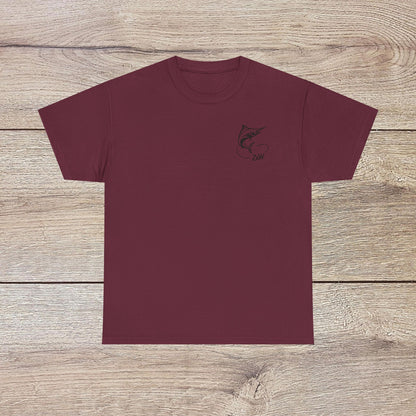 Fishing Adventure Tee - Unisex Heavy Cotton Shirt for Nature Lovers, presented in a rich burgundy color with a unique marlin design, great for summer gatherings and adventures.