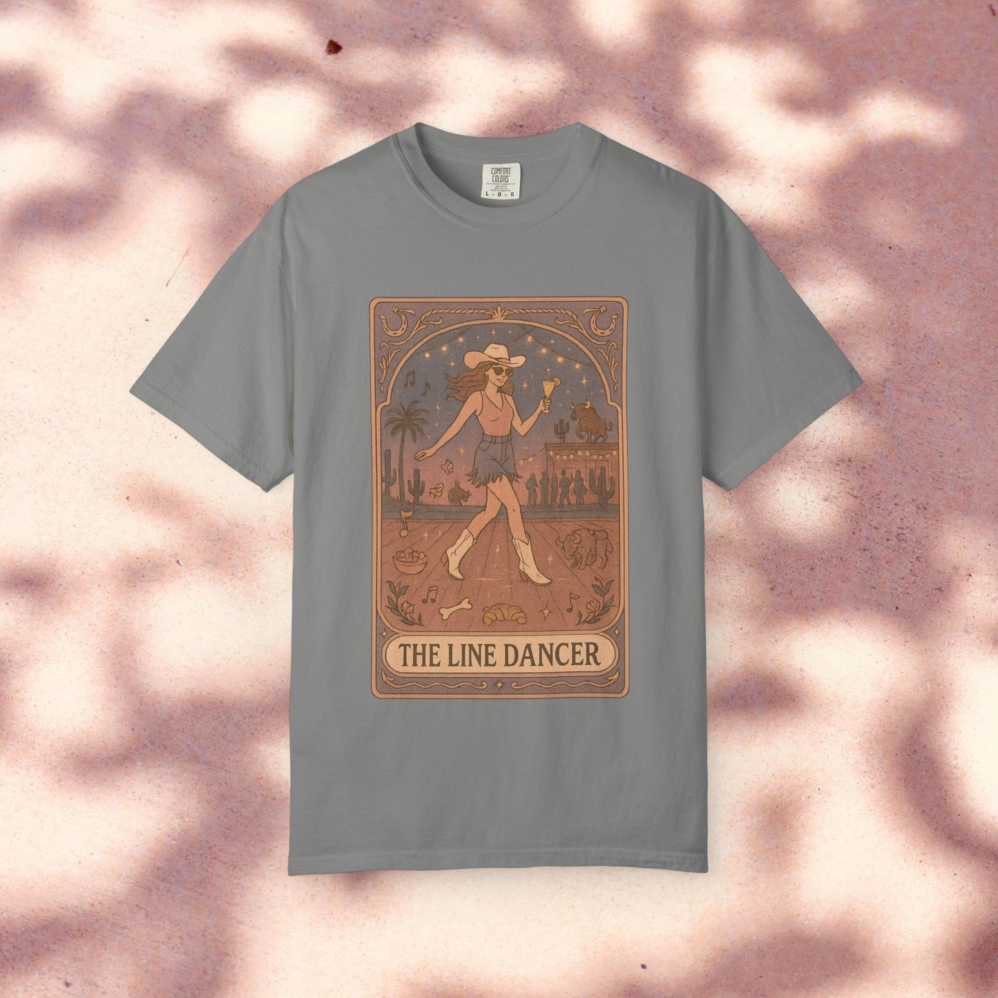 Line Dancer Tarot Tee in gray, showcasing a charming line dancer illustration, ideal for stylish comfort, soft cotton material, available in sizes S-4XL, ethically made.