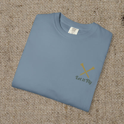 Folded Tee It High Let It Fly Graphic Tee in soft blue, highlighting a minimalist design with 'Let It Fly' text, made from ethically sourced US cotton.