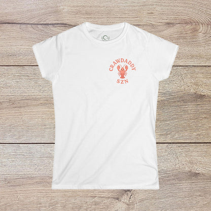 Crawfish Boil Shirt for Women with 'CRAWDADDY SZN' text and a lobster graphic on a classic white tee, ideal for seafood lovers and casual outings.