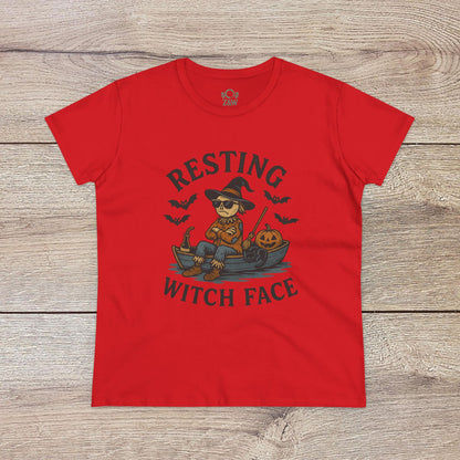 Resting Witch Face Halloween T-Shirt for Women in bold red, displaying a whimsical witch graphic, great for Halloween celebrations and casual wear.