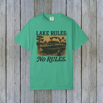 Unisex Garment-Dyed Lake Rules Tee in vibrant teal, highlighting a scenic lake view with 'Lake Rules: No Rules.' text, crafted from soft vintage fabric for outdoor enjoyment.