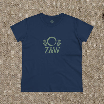 ZenAndWhiskey Classic 100% Cotton Tee in navy blue, designed with a chic Z&W logo and rose motifs, a great choice for daily use.