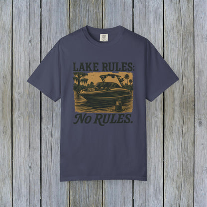 Unisex Garment-Dyed Lake Rules Tee featuring a vintage boat design with the text 'Lake Rules: No Rules.' Perfect for outdoor enthusiasts.
