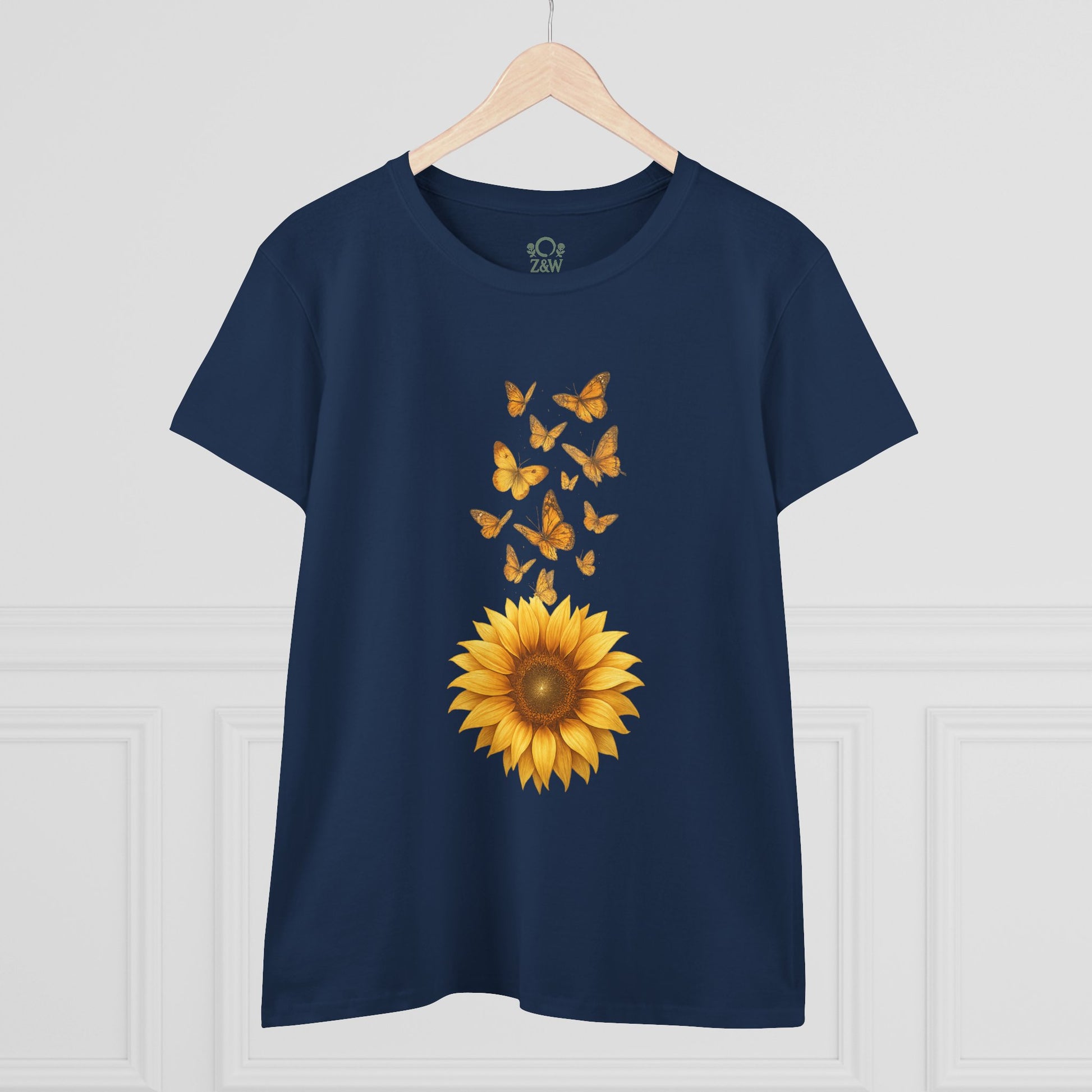 Sunflower & Butterflies Cotton Tee for Women - 100% Soft Cotton, Breathable, Durable Design, featuring a vibrant sunflower and butterflies design on a navy backdrop.