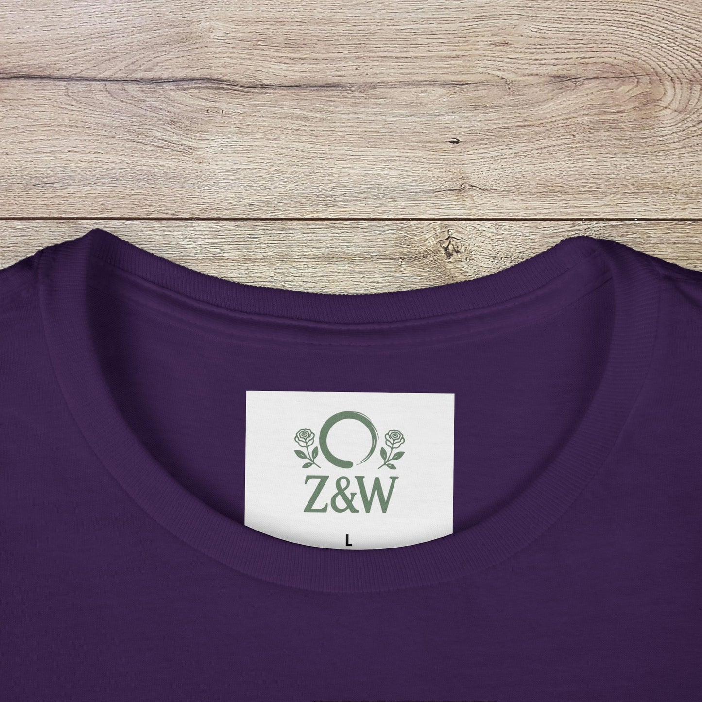Close-up of the collar label of Sippin' Through The Seasons Slim Fit Tee in purple color, featuring the brand Z&W and size L, made with 100% combed cotton for ultimate comfort.