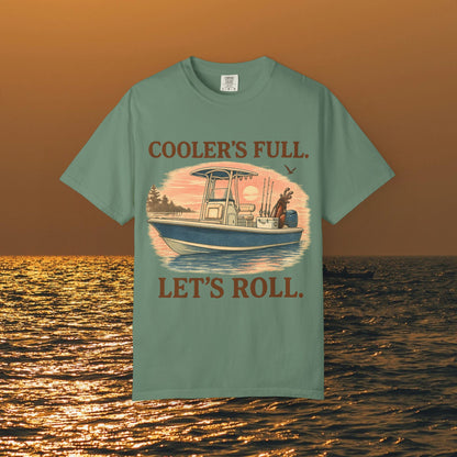 Men's & Women's Durable Cotton Full Tee in a classic green tone with a boat design and the text 'COOLER'S FULL. LET'S ROLL.' Great for relaxed summer days.