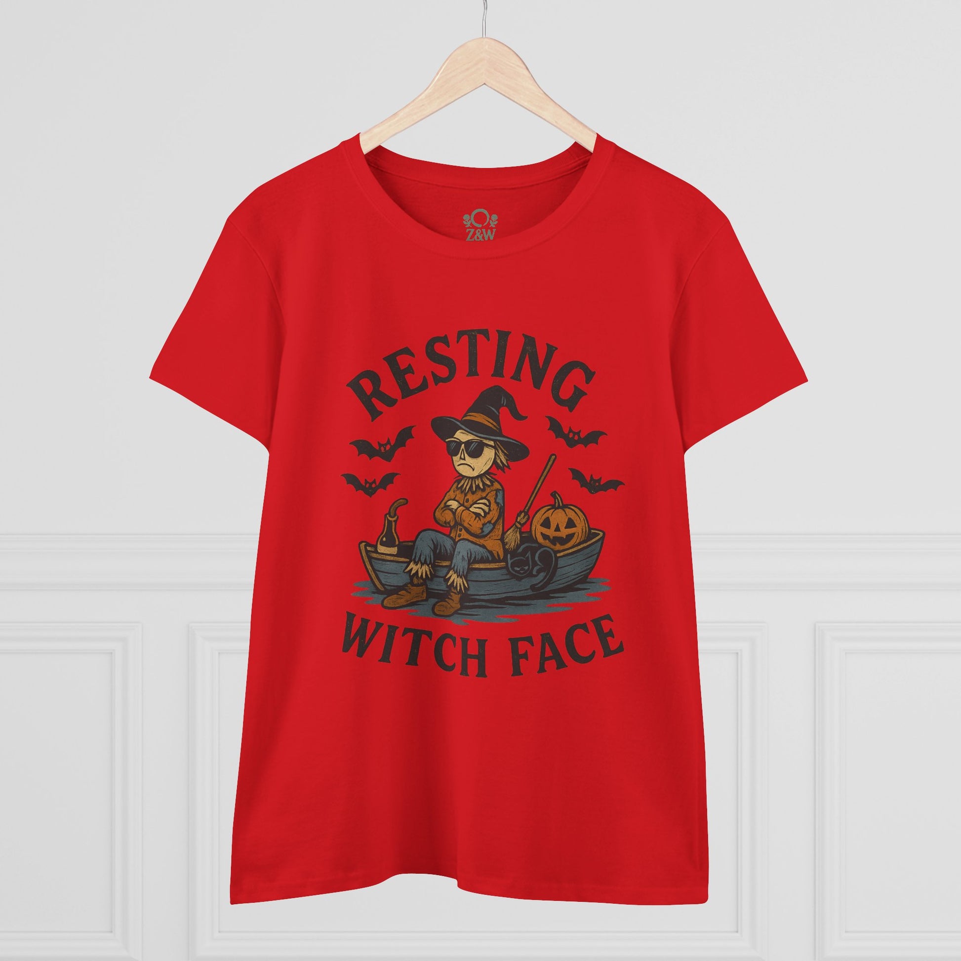 Resting Witch Face Halloween T-Shirt for Women, featuring a graphic of a witch in sunglasses on a boat with Halloween elements, perfect for parties and gifts.
