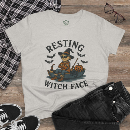 Resting Witch Face Halloween T-Shirt for Women featuring a playful scarecrow in a witch hat, perfect for parties and gifts. Stylish cotton tee in a light color, showcasing a fun Halloween theme.