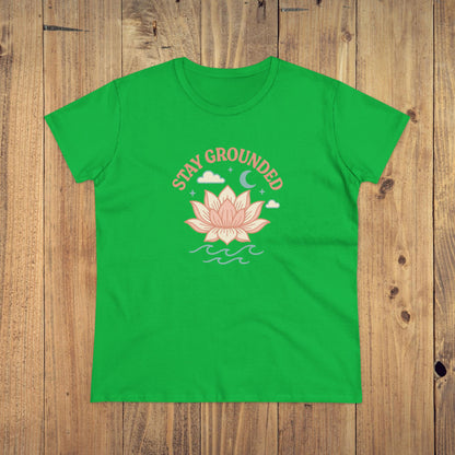 Stay Grounded Spiritual Tee in vibrant green showcasing a lovely lotus flower graphic, ideal for warm summer days and outdoor events.