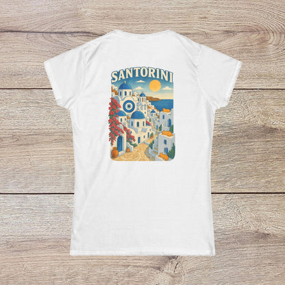 Back view of the Santorini Tee in white, displaying a vibrant graphic of Santorini's architecture and sunset, made from eco-friendly materials.