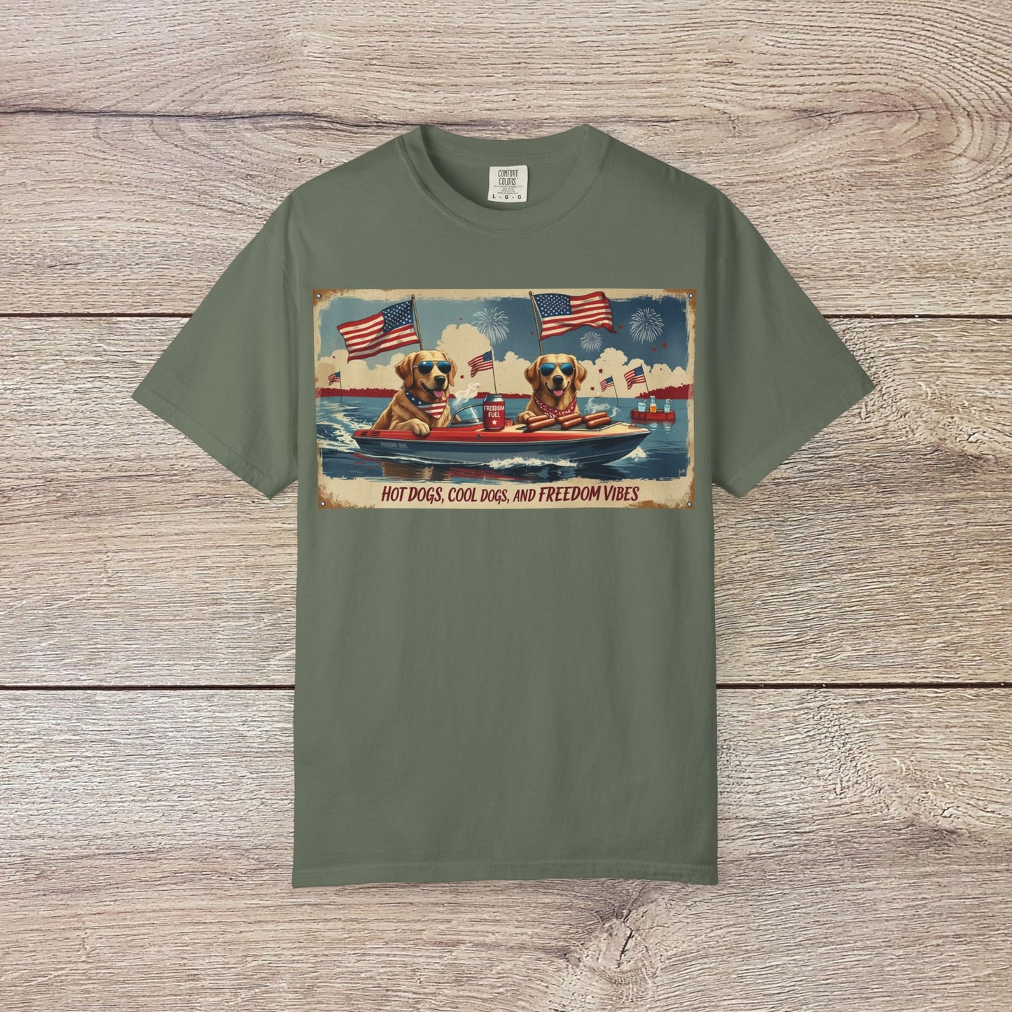 Men's Golden Tee: Comfortable Cotton T-Shirt with Ribbed Collar, shown in a stylish olive green, adorned with a playful graphic of dogs in a boat celebrating freedom.