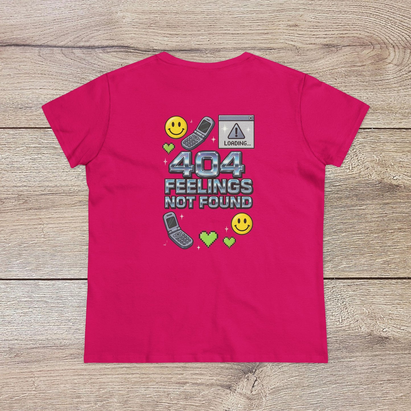 404 Y2K Graphic T-Shirt in radiant pink displaying a whimsical '404 feelings not found' graphic, ideal for those looking to add a unique touch to their wardrobe.