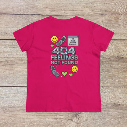 404 Y2K Graphic T-Shirt in radiant pink displaying a whimsical '404 feelings not found' graphic, ideal for those looking to add a unique touch to their wardrobe.