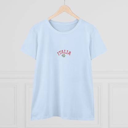 Front view of a light blue Unisex Ultra Cotton Tee with Italian Heritage Design displaying 'ITALIA' in stylish red font, perfect for casual adventures and expressing a love for Italy.