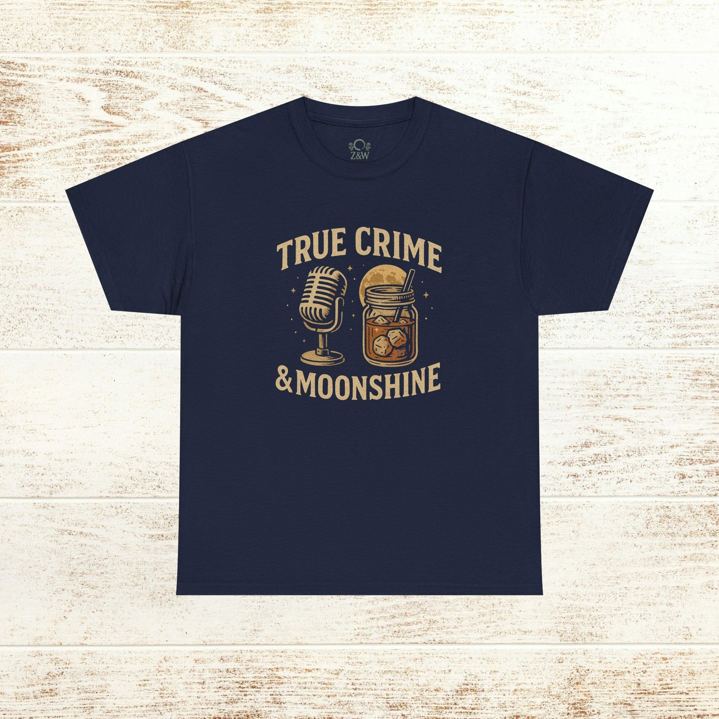 True Crime & Moonshine Unisex Graphic Tee - Vintage Casual Wear for True Crime Lovers featuring a charming microphone and moonshine jar graphic on a navy background.