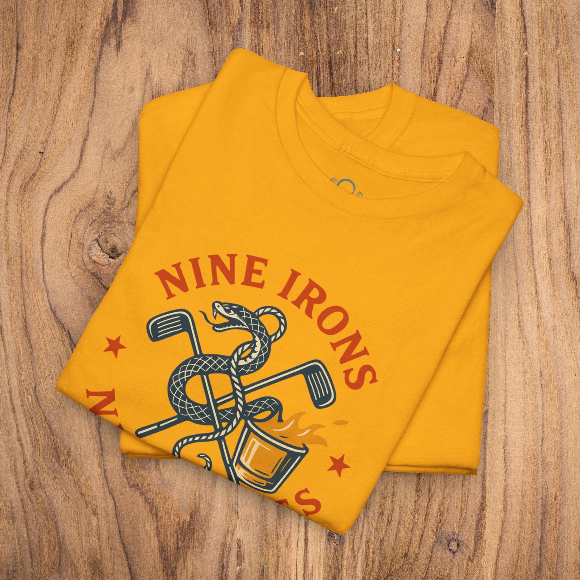 Golf-Themed 100% Cotton T-Shirt in vibrant yellow, showcasing a fun design with golf clubs and a snake, ideal for golf enthusiasts and a thoughtful gift for fathers.