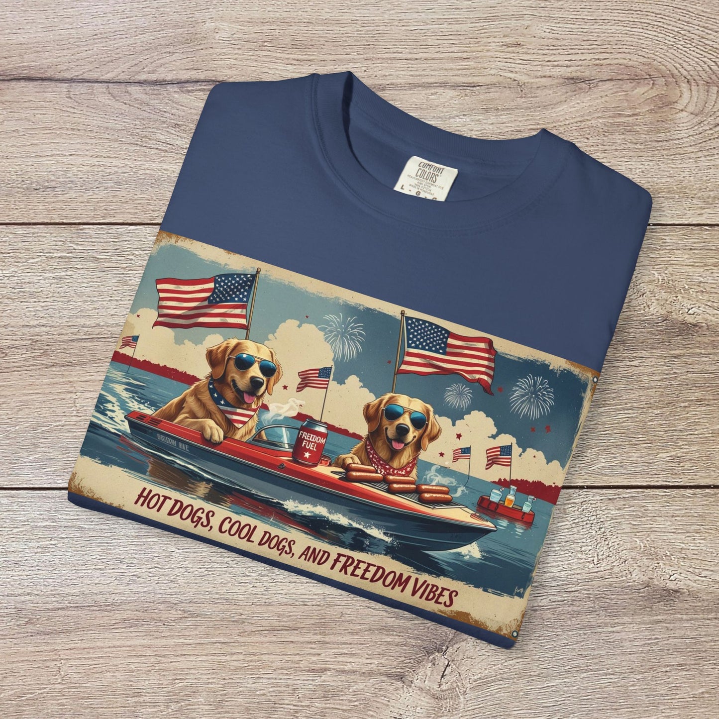 Men's Golden Tee: Comfortable Cotton T-Shirt featuring graphic design with dogs and patriotic elements for summer fun.