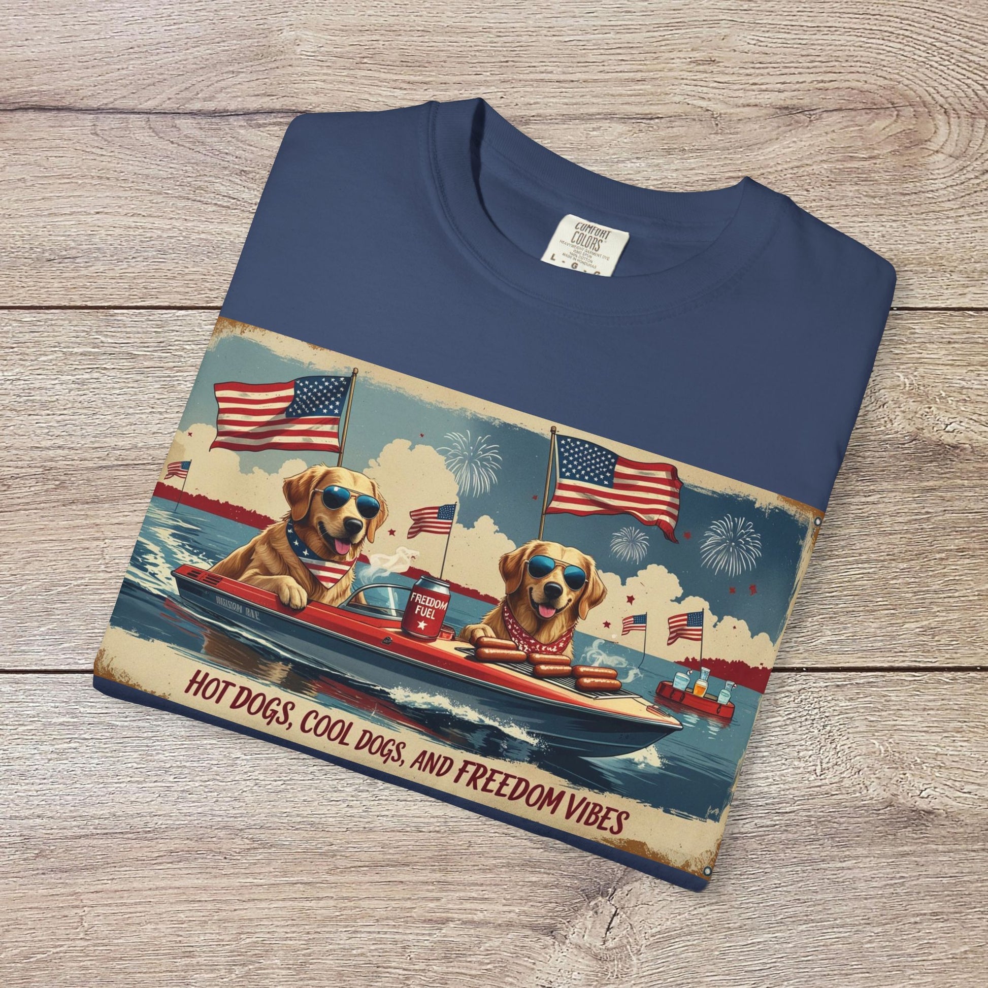 Men's Golden Tee: Comfortable Cotton T-Shirt featuring graphic design with dogs and patriotic elements for summer fun.