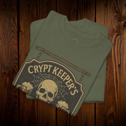 Crypt Keeper's Pub Tee in olive green, displaying a spooky skull and web design, made of 100% cotton for comfort and durability.
