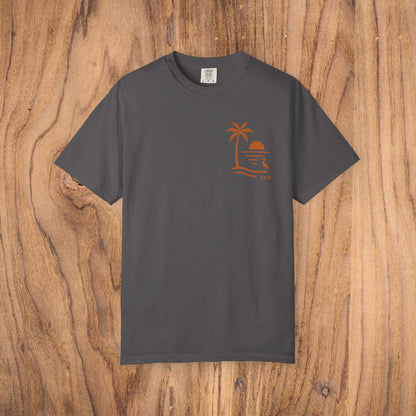 Unisex Sunset Palm Tree T-Shirt in charcoal color with a palm tree and sun logo, ideal for a stylish casual look.