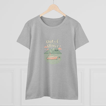 Front view of the Out Of Office Cruise Tee hanging against a plain backdrop, featuring a whimsical cruise ship and mountain design, emphasizing its lightweight and comfortable design perfect for summer outfits.