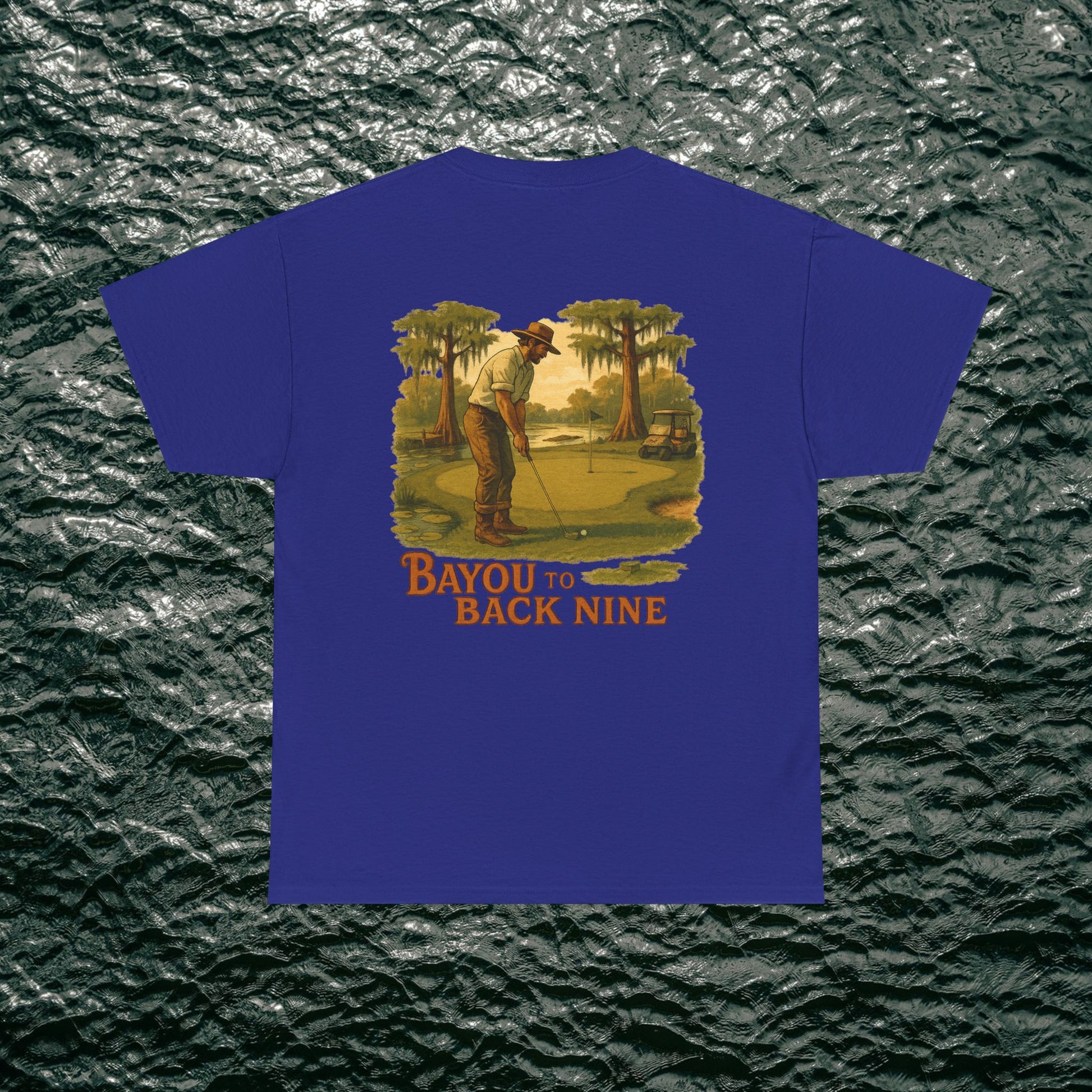 Bayou To Back Nine Softstyle Golf Tee showcasing a classic golf scene graphic on a royal blue t-shirt, ideal for relaxed gatherings and outings.