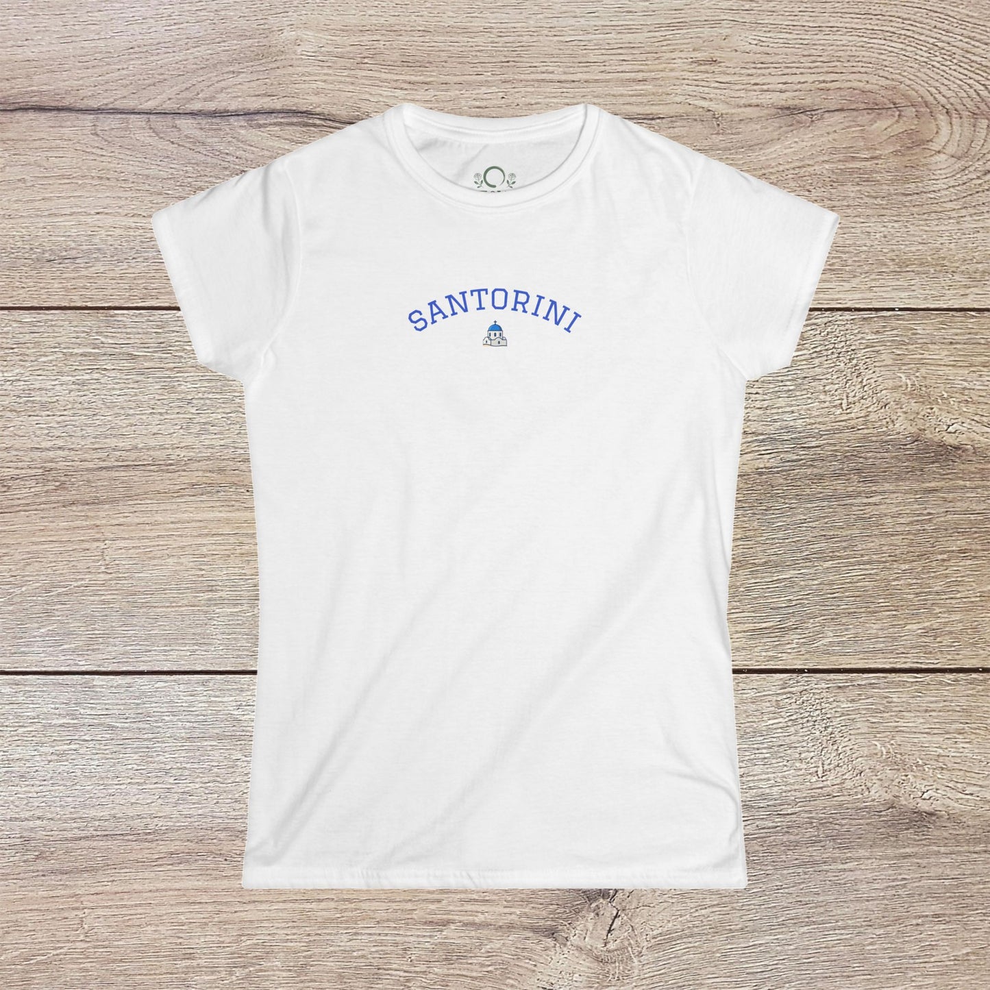 Front view of the Santorini Tee featuring a stylish blue 'Santorini' text, made from 100% ring-spun cotton with a comfortable fit and eco-friendly design.
